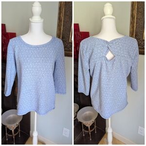 T by Talbots Women's Large Twist Back Top Dot Jacquard Cotton Blend Blue 66